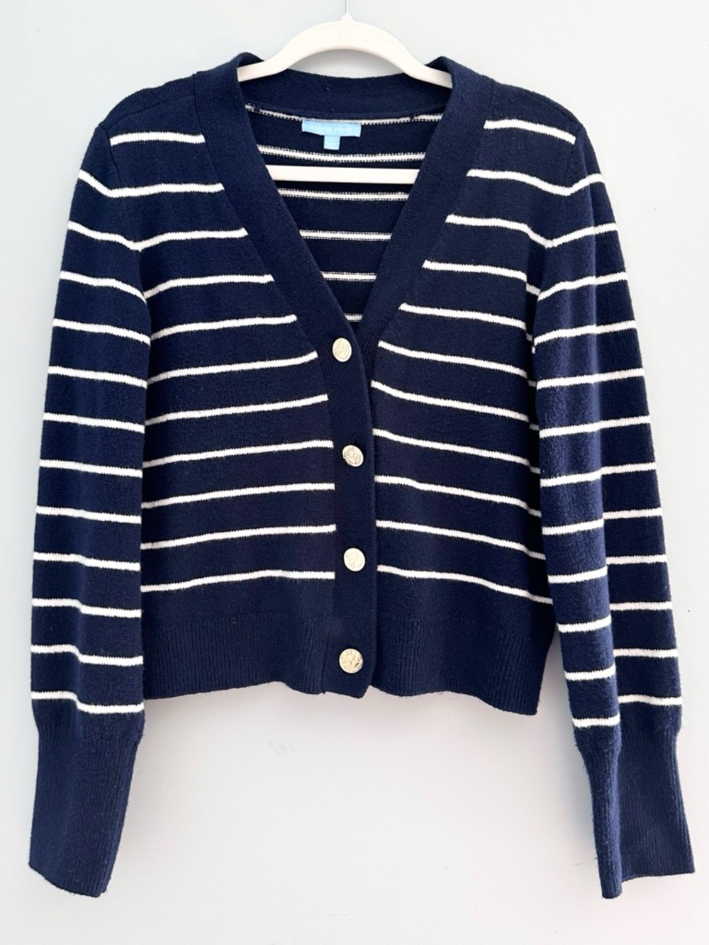 Draper James Navy and White Striped Button Down Cardigan Sweater Large